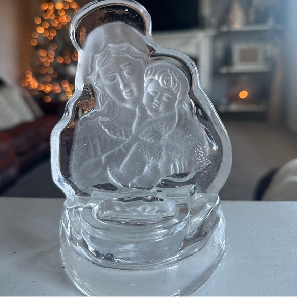 Vintage Frosted Etched Heavy Glass Votive Candle Holder Mary & Jesus Christmas - Picture 3 of 6